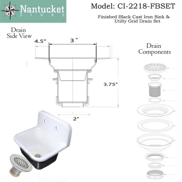 Nantucket Sinks CI-2218-FBSET Anchor 22 Inch Cast Iron Wall Mount Laundry Kitchen Sink in Black and White