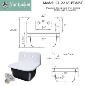 Nantucket Sinks CI-2218-FBSET Anchor 22 Inch Cast Iron Wall Mount Laundry Kitchen Sink in Black and White