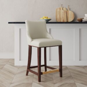 Manhattan Comfort Modern Shubert Counter Stool Upholstered in Ivory Leatherette with Beech Wood Legs