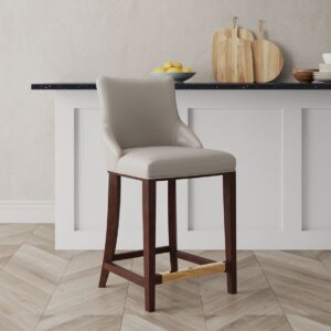 Manhattan Comfort Modern Shubert Counter Stool Upholstered in Light Grey Leatherette with Beech Wood Legs