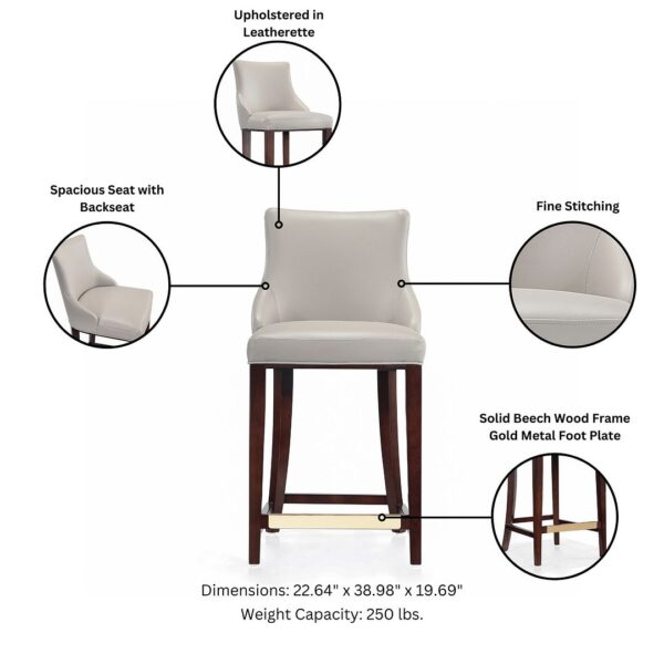 Manhattan Comfort Modern Shubert Counter Stool Upholstered in Light Grey Leatherette with Beech Wood Legs