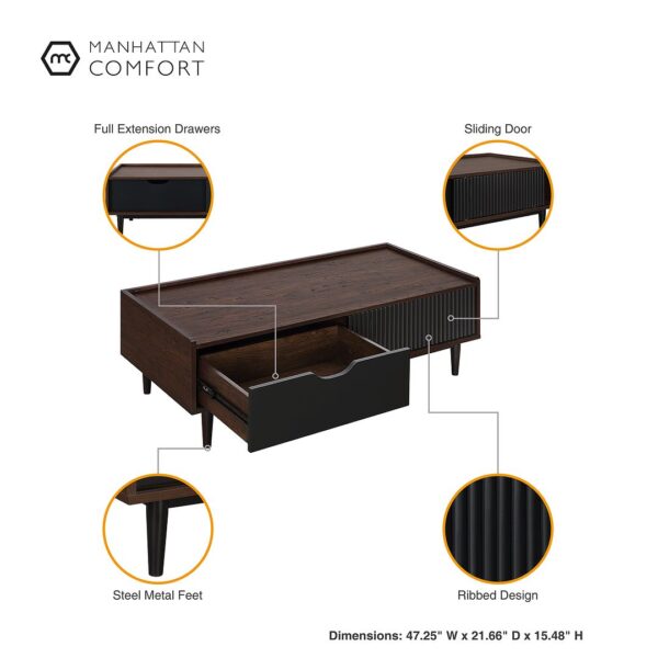 Manhattan Comfort Duane Modern Ribbed Coffee Table with Drawer and Shelf in Dark Brown and Black