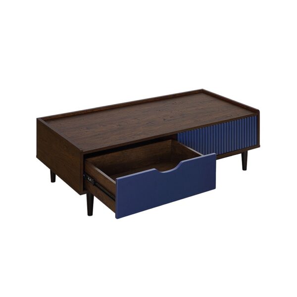 Manhattan Comfort Duane Modern Ribbed Coffee Table with Drawer and Shelf in Dark Brown and Navy Blue