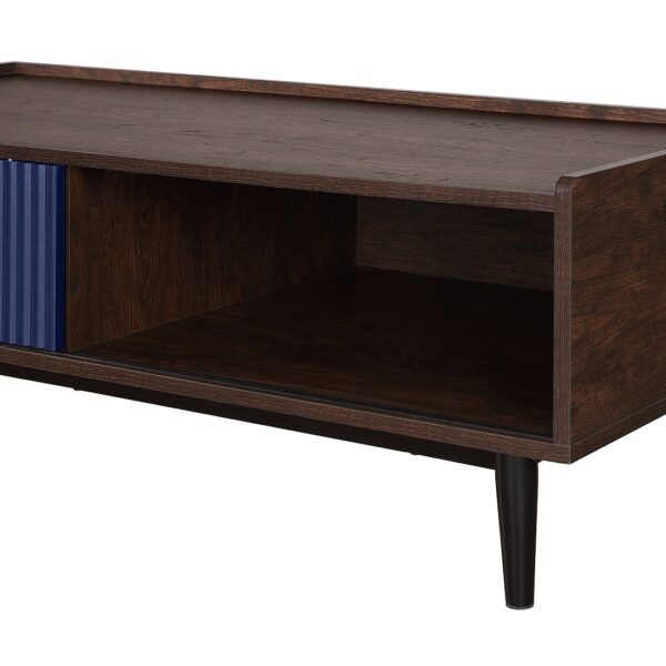 Manhattan Comfort Duane Modern Ribbed Coffee Table with Drawer and Shelf in Dark Brown and Navy Blue