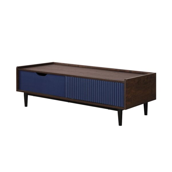 Manhattan Comfort Duane Modern Ribbed Coffee Table with Drawer and Shelf in Dark Brown and Navy Blue