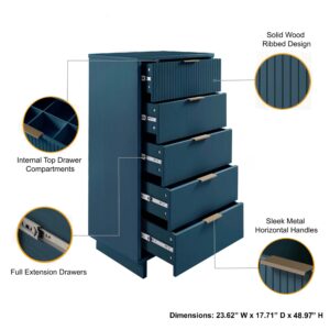 Manhattan Comfort Granville Tall 23.62" Modern Narrow Dresser with 5 Full Extension Drawers in Midnight Blue