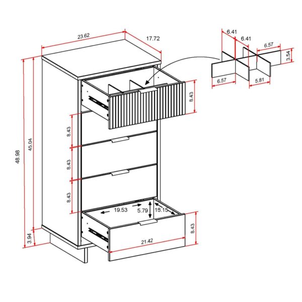 Manhattan Comfort Granville Tall 23.62" Modern Narrow Dresser with 5 Full Extension Drawers in Dark Grey