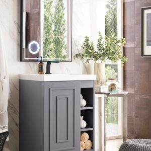 James Martin E110V24GSMMBKWG Alicante 23 5/8 Inch Single Vanity Cabinet with White Glossy Composite Countertop - Grey Smoke