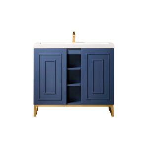 James Martin E110V39.5AZBRGDWG Alicante' 39.5 Inch Single Vanity Cabinet in Azure Blue and Radiant Gold with White Glossy Composite Countertop