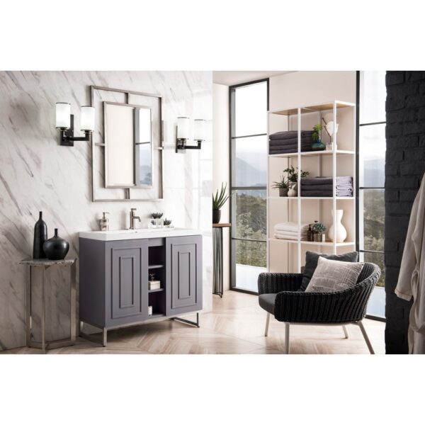 James Martin E110V39.5GSMBNKWG Alicante' 39.5 Inch Single Vanity Cabinet in Grey Smoke and Brushed Nickel with White Glossy Composite Countertop