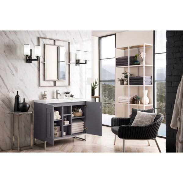 James Martin E110V39.5GSMBNKWG Alicante' 39.5 Inch Single Vanity Cabinet in Grey Smoke and Brushed Nickel with White Glossy Composite Countertop