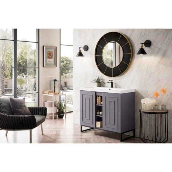 James Martin E110V39.5GSMMBKWG Alicante' 39.5 Inch Single Vanity Cabinet in Grey Smoke and Matte Black with White Glossy Composite Countertop