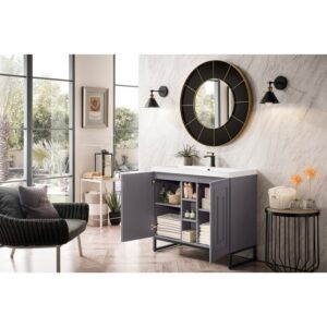 James Martin E110V39.5GSMMBKWG Alicante' 39.5 Inch Single Vanity Cabinet in Grey Smoke and Matte Black with White Glossy Composite Countertop