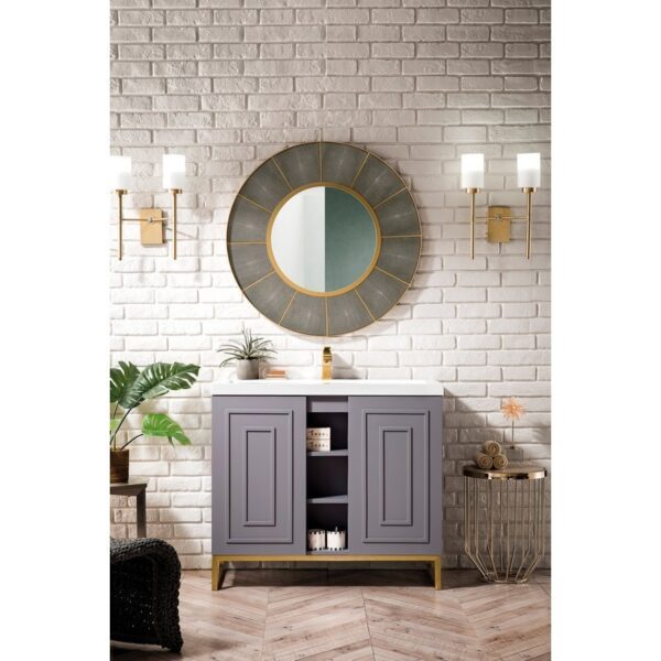 James Martin E110V39.5GSMRGDWG Alicante' 39.5 Inch Single Vanity Cabinet in Grey Smoke and Radiant Gold with White Glossy Composite Countertop