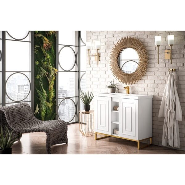 James Martin E110V39.5GWRGDWG Alicante' 39.5 Inch Single Vanity Cabinet in Glossy White and Radiant Gold with White Glossy Composite Countertop