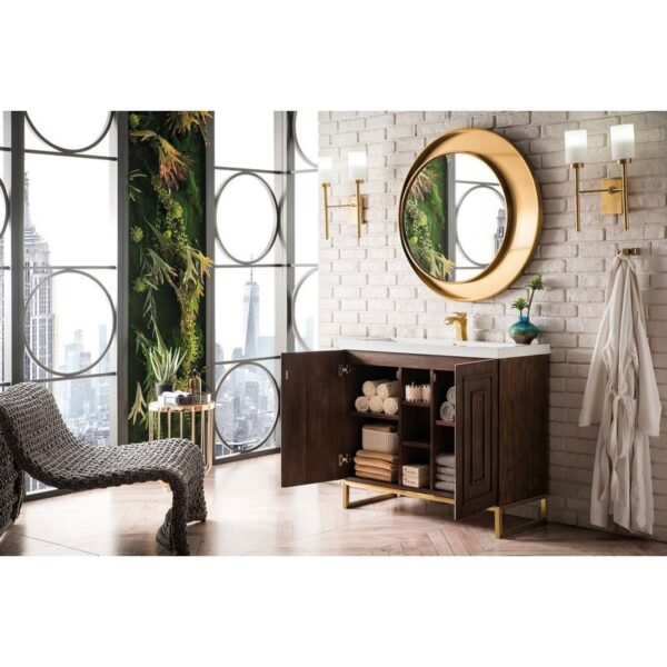 James Martin E110V39.5MCARGDWG Alicante' 39.5 Inch Single Vanity Cabinet in Mid Century Acacia and Radiant Gold with White Glossy Composite Countertop