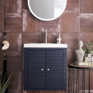 James Martin E213V24NVBWG Linden 23 5/8 Inch Single Vanity Cabinet with White Glossy Composite Countertop - Navy Blue