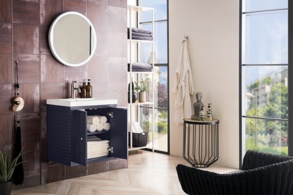 James Martin E213V24NVBWG Linden 23 5/8 Inch Single Vanity Cabinet with White Glossy Composite Countertop - Navy Blue