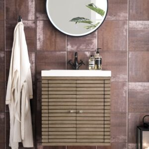 James Martin E213V24WWWWG Linden 23 5/8 Inch Single Vanity Cabinet with White Glossy Composite Countertop - Whitewashed Walnut