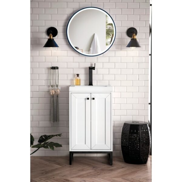 James Martin E303V20GWMBKWG Chianti 20 Inch Single Vanity Cabinet in Glossy White and Matte Black with White Glossy Composite Countertop