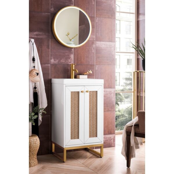 James Martin E303V20GWRGDWG Chianti 20 Inch Single Vanity Cabinet in Glossy White and Radiant Gold with White Glossy Composite Countertop