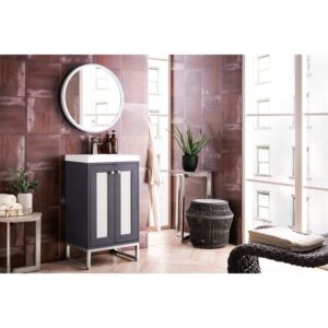 James Martin E303V20MGBNKWG Chianti 20 Inch Single Vanity Cabinet in Mineral Grey and Brushed Nickel with White Glossy Composite Countertop