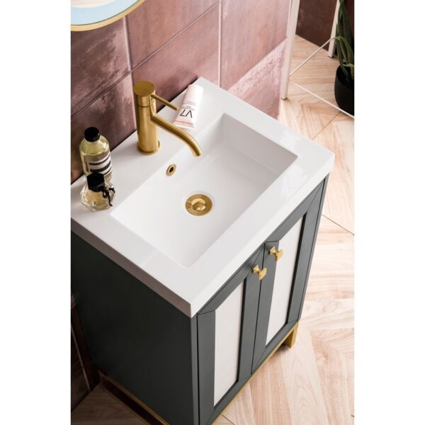 James Martin E303V20MGRGDWG Chianti 20 Inch Single Vanity Cabinet in Mineral Grey and Radiant Gold with White Glossy Composite Countertop