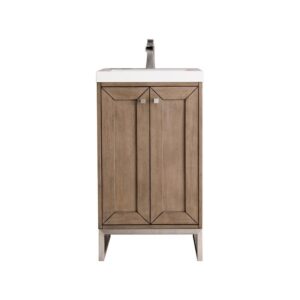 James Martin E303V20WWBNKWG Chianti 20 Inch Single Vanity Cabinet in Whitewashed Walnut and Brushed Nickel with White Glossy Composite Countertop