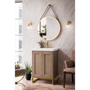 James Martin E303V20WWRGDWG Chianti 20 Inch Single Vanity Cabinet in Whitewashed Walnut and Radiant Gold with White Glossy Composite Countertop