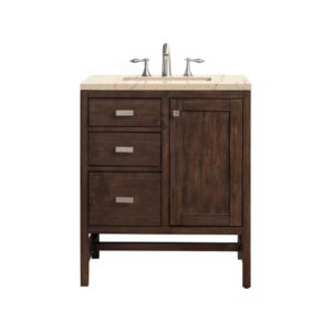 James Martin E444-V30-MCA-3EMR Addison 30 Inch Single Vanity Cabinet in Mid Century Acacia with 3 CM Eternal Marfil Quartz Top