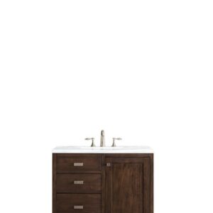 James Martin E444-V36-MCA-3AF Addison 36 Inch Single Vanity Cabinet in Mid Century Acacia with 3 cm Arctic Fall Solid Surface Countertop with Sink