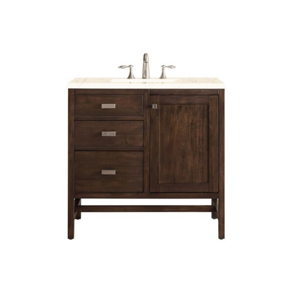 James Martin E444-V36-MCA-3EMR Addison 36 Inch Single Vanity Cabinet in Mid Century Acacia with 3 CM Eternal Marfil Quartz Top