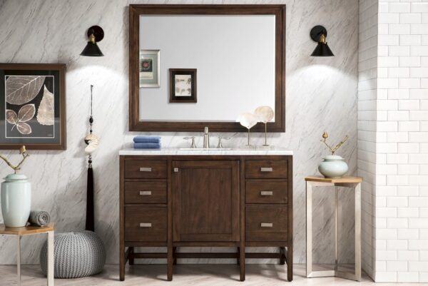 James Martin E444-V48-MCA-3CAR Addison 48 Inch Single Vanity Cabinet in Mid Century Acacia with 3 cm Carrara White Top with Sink