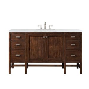 James Martin E444-V60S-MCA-3AF Addison 60 Inch Single Vanity Cabinet in Mid Century Acacia with 3 cm Arctic Fall Solid Surface Countertop with Sink