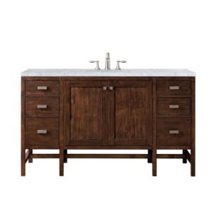 James Martin E444-V60S-MCA-3CAR Addison 60 Inch Single Vanity Cabinet in Mid Century Acacia with 3 cm Carrara White Top with Sink