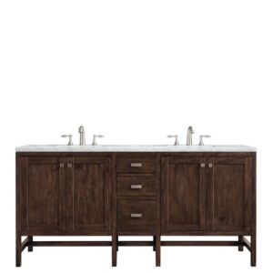 James Martin E444-V72-MCA-3CAR Addison 72 Inch Double Vanity Cabinet in Mid Century Acacia with 3 cm Carrara White Top with Sink