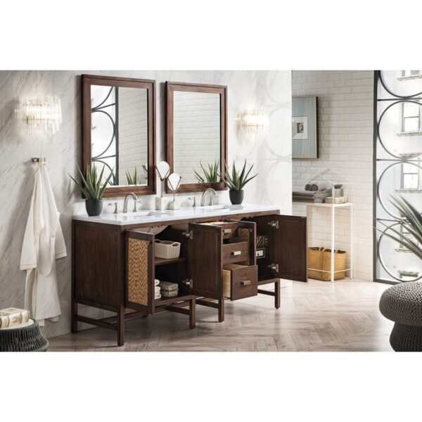 James Martin E444-V72-MCA-3CAR Addison 72 Inch Double Vanity Cabinet in Mid Century Acacia with 3 cm Carrara White Top with Sink