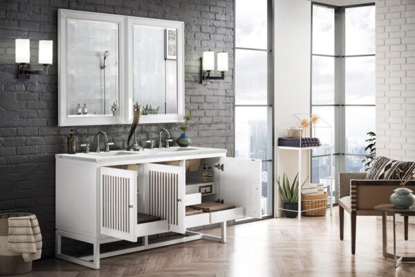 James Martin E645-V60D-GW-3ENC Athens 60 Inch Double Vanity Cabinet with Ethereal Noctis Top - Glossy White