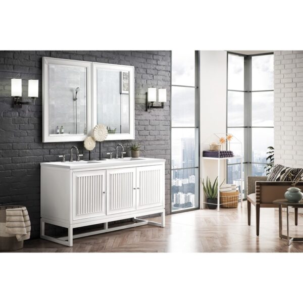 James Martin E645-V60D-GW-3WZ Athens 60 Inch Double Vanity Cabinet in Glossy White with 3cm White Zeus Quartz Top