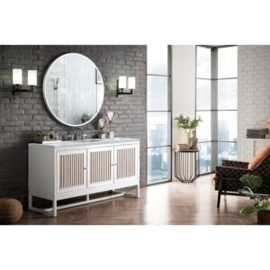 James Martin E645-V60S-GW-3CAR Athens 60 Inch Single Vanity Cabinet in Glossy White with 3 CM Carrara White Top