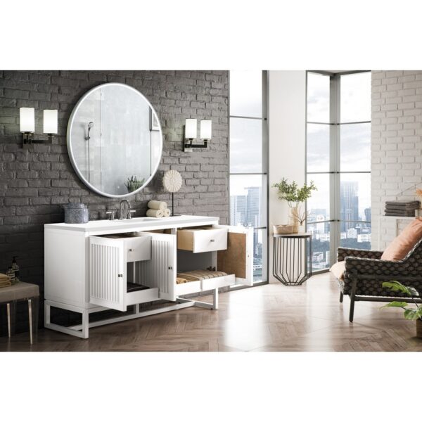 James Martin E645-V60S-GW-3WZ Athens 60 Inch Single Vanity Cabinet in Glossy White with 3cm White Zeus Quartz Top