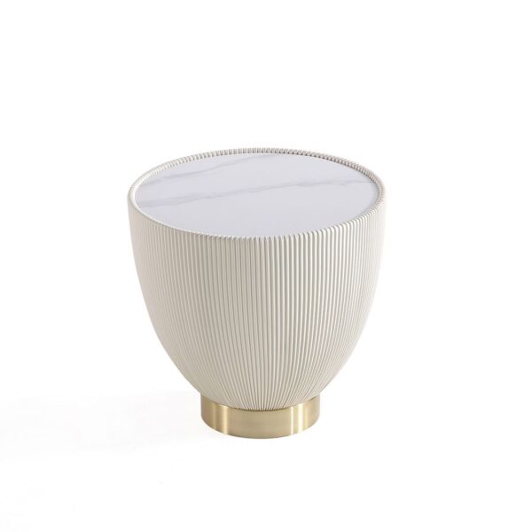 Manhattan Comfort Modern Anderson End Table 2.0 Upholstered in Cream Leatherette with Ceramic Faux Marble Tabletop