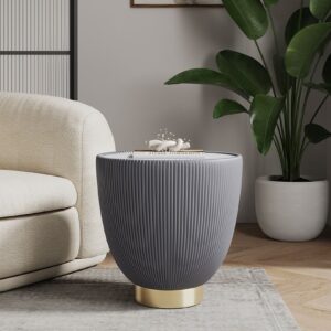 Manhattan Comfort Modern Anderson End Table 2.0 Upholstered in Grey Leatherette with Ceramic Faux Marble Tabletop