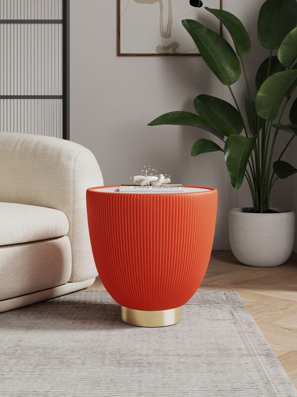 Manhattan Comfort Modern Anderson End Table 2.0 Upholstered in Orange Leatherette with Ceramic Faux Marble Tabletop