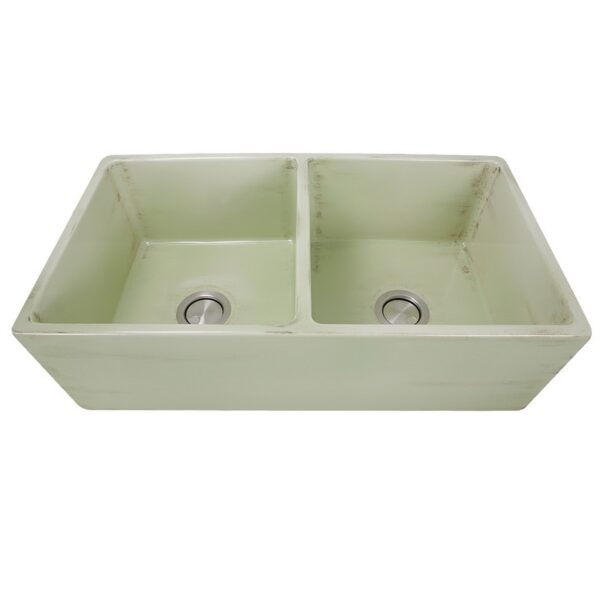 Nantucket Sinks FCFS3318D-ShabbyGreen Vineyard Double Bowl Farmhouse Fireclay Sink in Shabby Green Finish