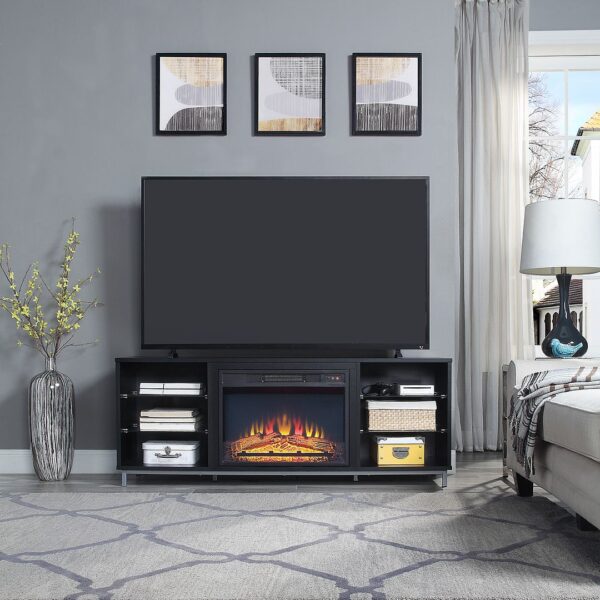 Manhattan Comfort Brighton 60" Fireplace with Glass Shelves and Media Wire Management in Onyx