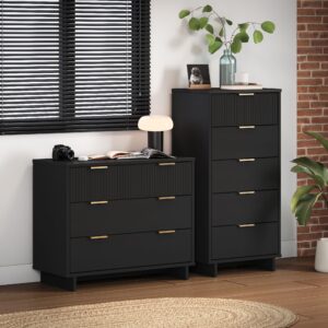 Manhattan Comfort 2-Piece Granville Modern Solid Wood Tall Narrow and Standard Dresser Set in Black