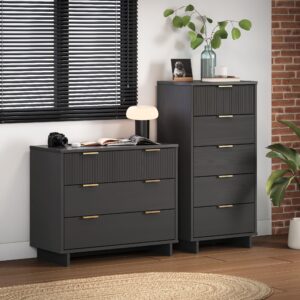 Manhattan Comfort 2-Piece Granville Modern Solid Wood Tall Narrow and Standard Dresser Set in Dark Grey