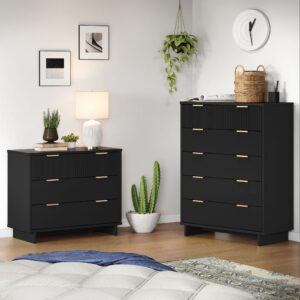 Manhattan Comfort 2-Piece Granville Modern Solid Wood Tall Chest and Standard Dresser Set in Black