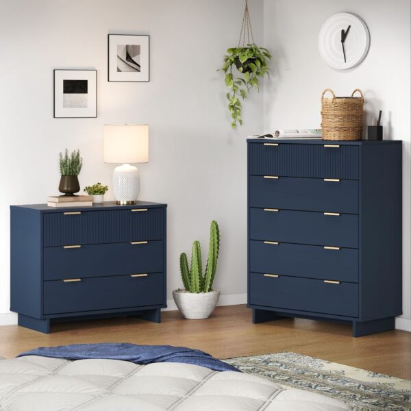 Manhattan Comfort 2-Piece Granville Modern Solid Wood Tall Chest and Standard Dresser Set in Midnight Blue